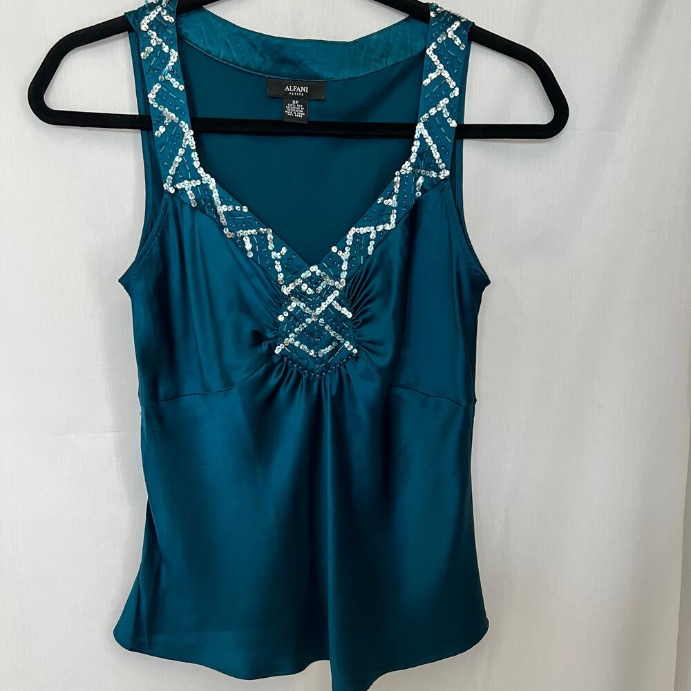 Alfani top women’s size 8 petite blue 100% silk VTG 90s y2k